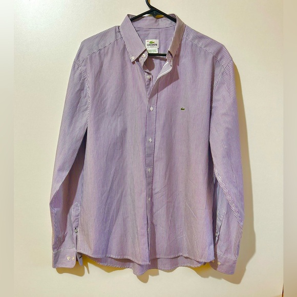 LACOSTE MEN DRESS SHIRT PURPLE AND WHITE STRIPED IN SIZE 43 design in France - Picture 2 of 8